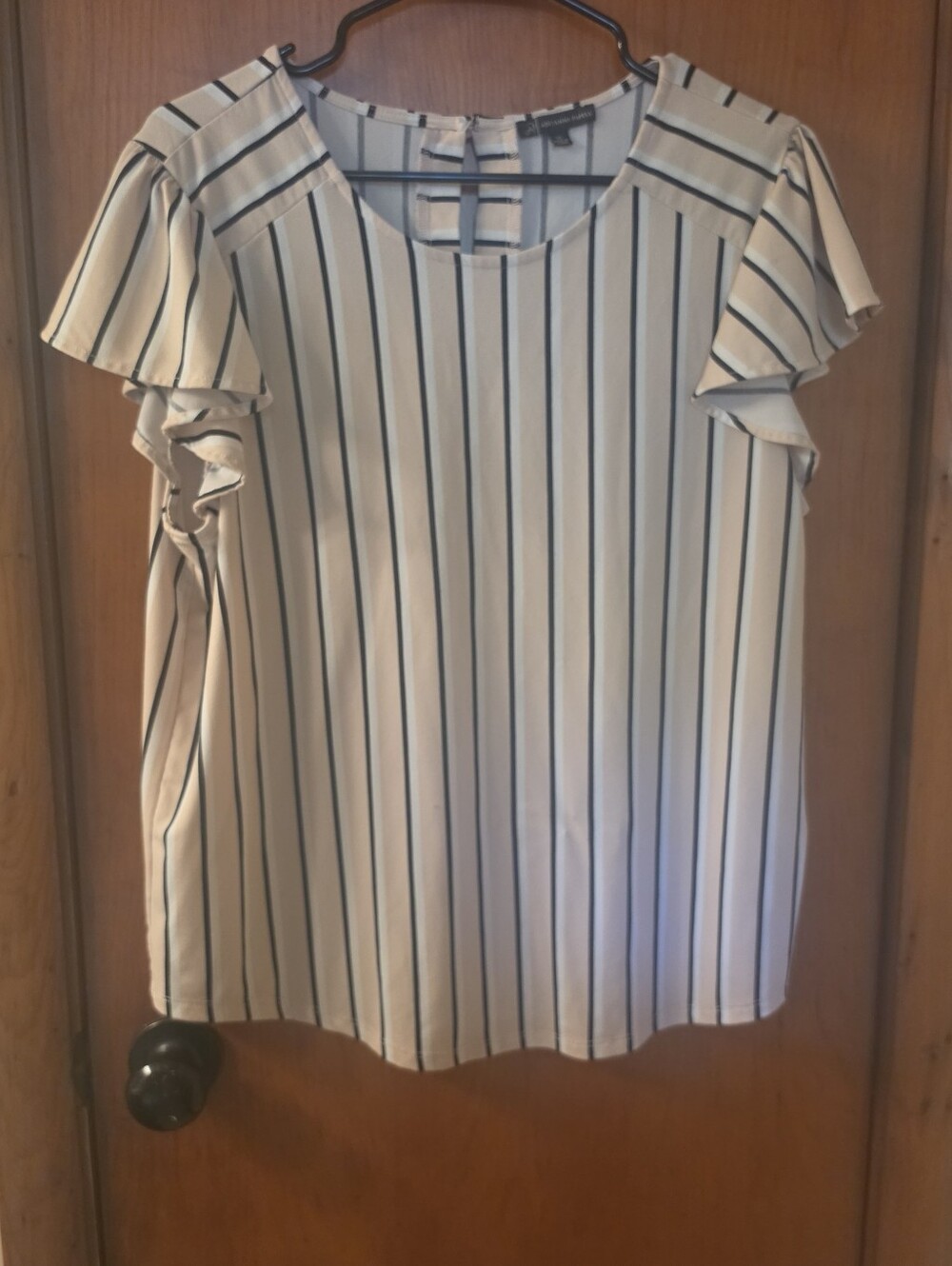 Adrianna Papell Cream And Blouse with Black Vertical Stripes and Flutter Sleeves